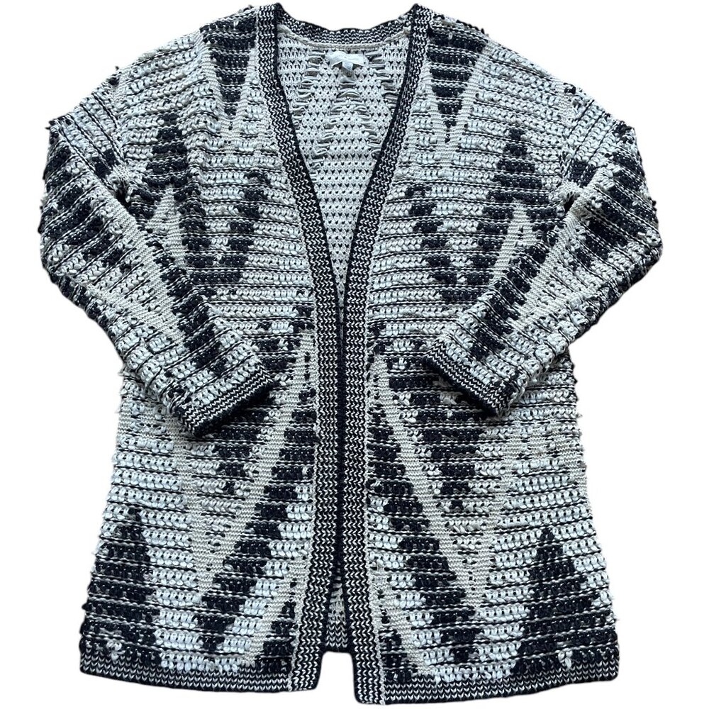 Lucky Brand Cotton Knit Black/Ivory Cardigan Sweater Long Open Sz S